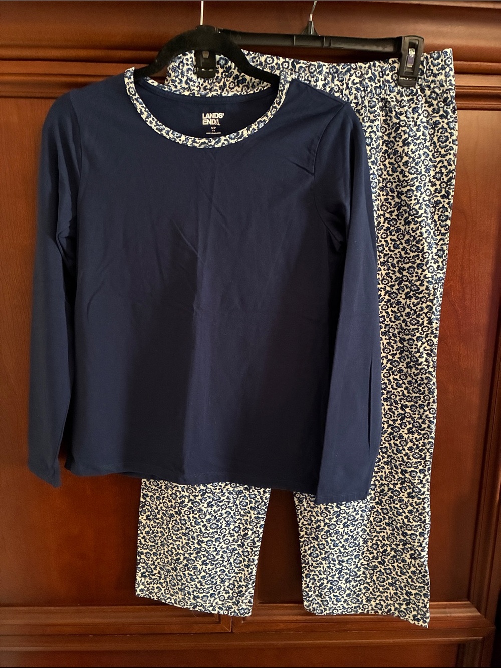Lands' End Navy Long-Sleeve Top with Navy & White Printed Pajama Pants